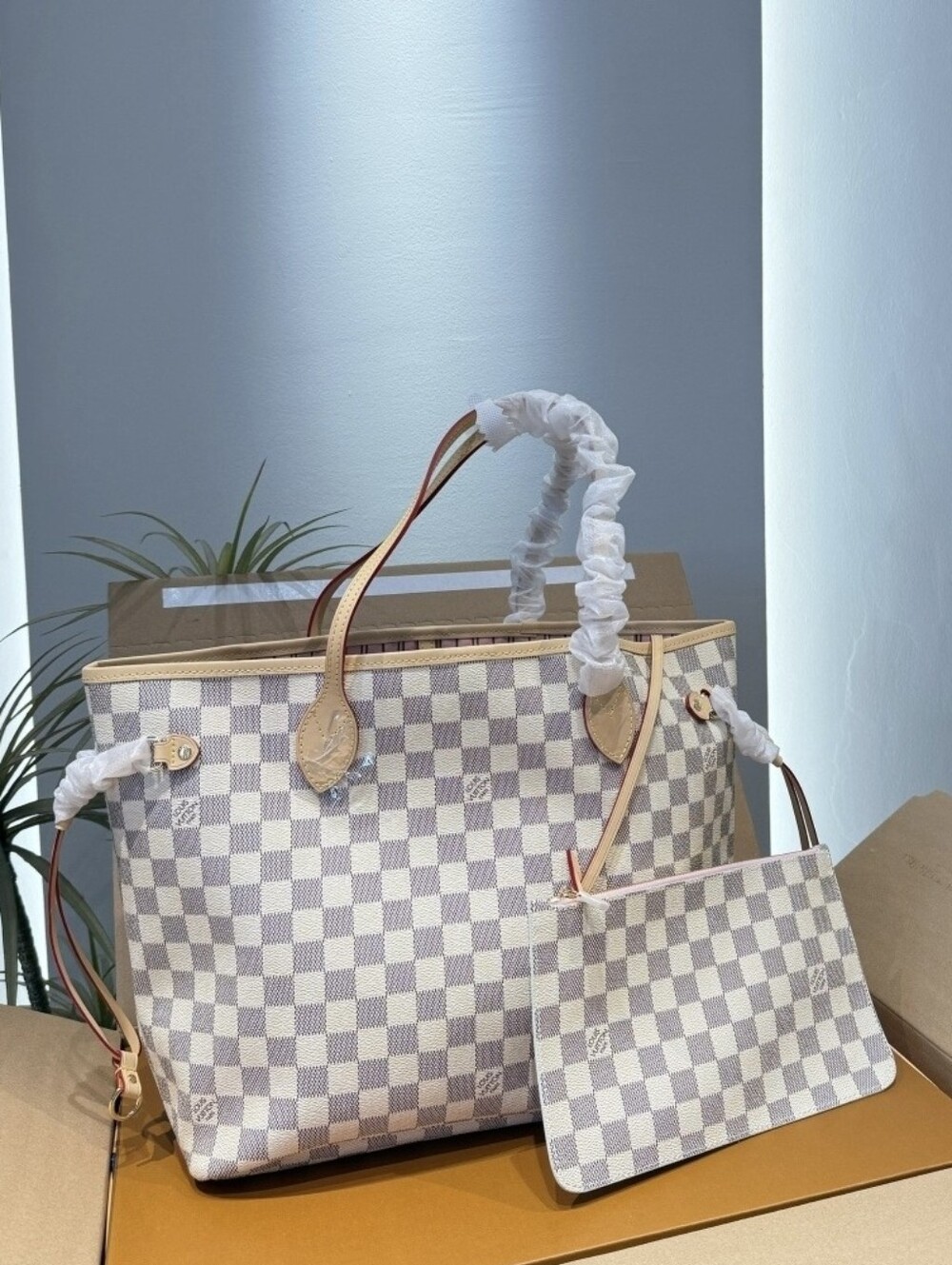 Cream and Tan Checkered Tote with Matching Pouch